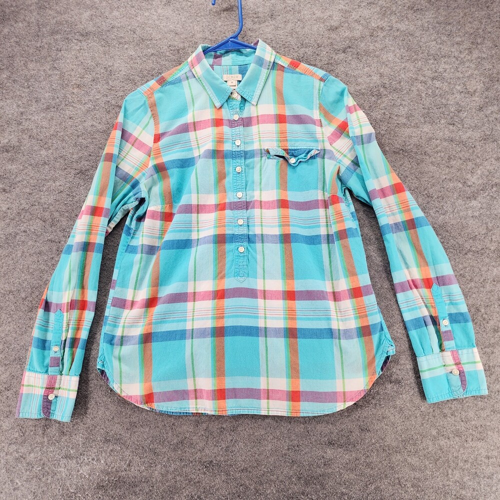 J Crew Shirt Womens Medium Button Front Blue Plaid Long Sleeve